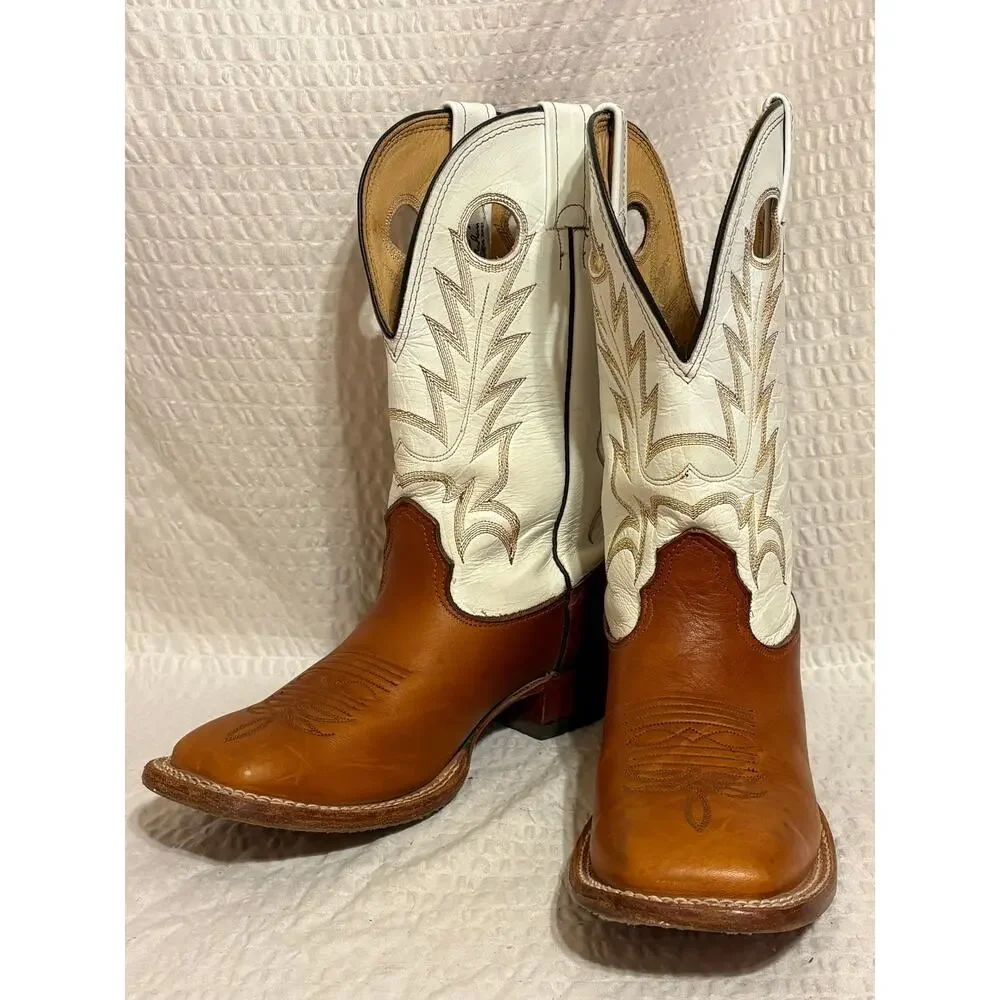 Larry Mahan Western Cowboy Leather Boots Men’s Size 8.5 Square Toe Brown Cream